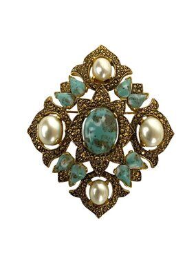 Vintage Sarah Coventry Remembrance Brooch Pendant Faux Turquoise Pearl 1968